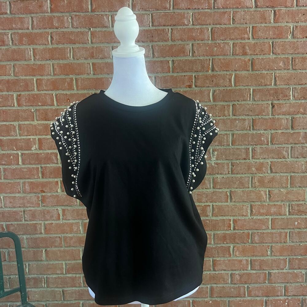 Shop The Chic Girl Black Pearl Rhinestone Embellished Sleeve Top Size Large